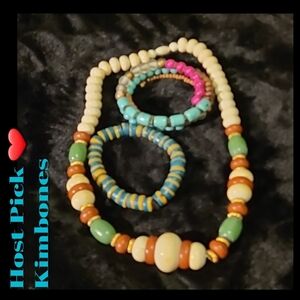 WAS $90. VINTAGE Wood Necklace Glass Bracelet & Wood beads wrap Bracelet